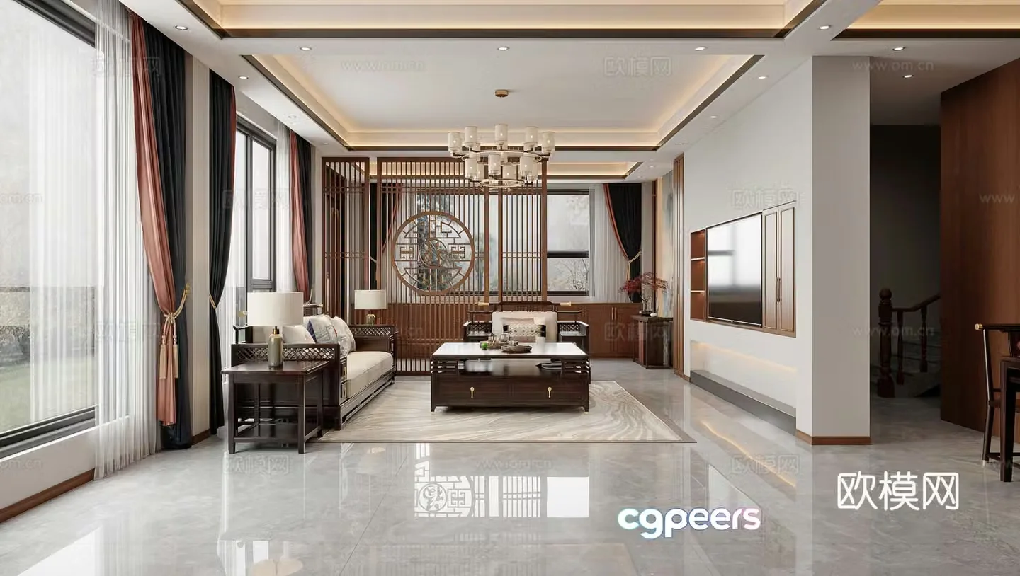 New Chinese living room combination sofa solid wood furniture mahogany furniture screen partition flower stand 3D model