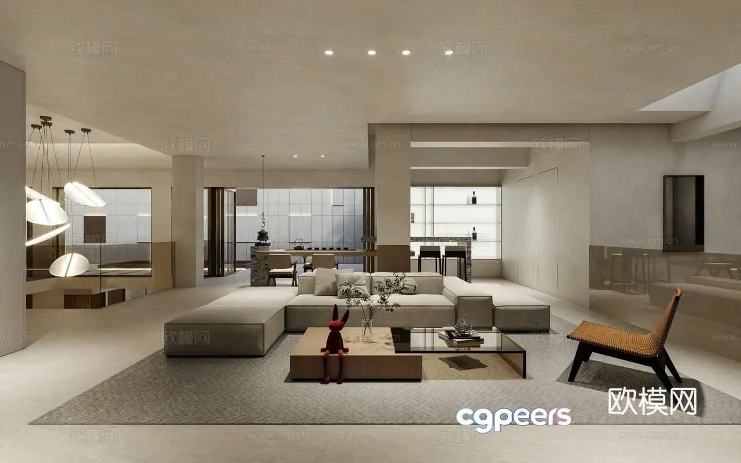 Duplex living and dining room kitchen courtyard 3d model