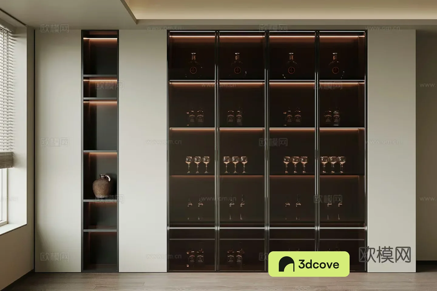 A Tall Cabinet With Glass Doors And Shelves