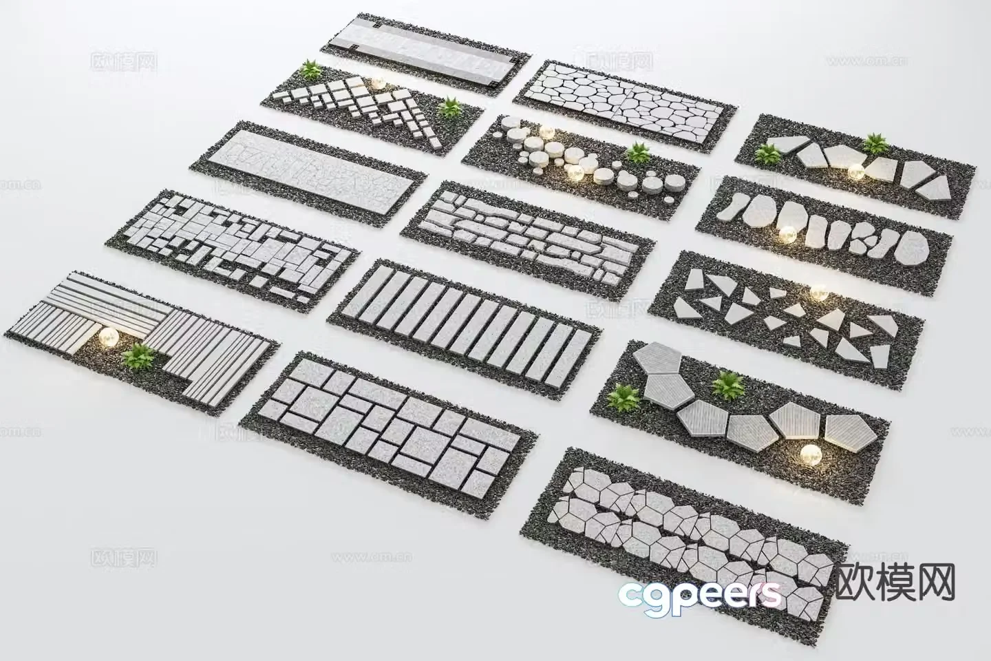 Chinese style Tingbu stone paving courtyard garden road sketch 3D model