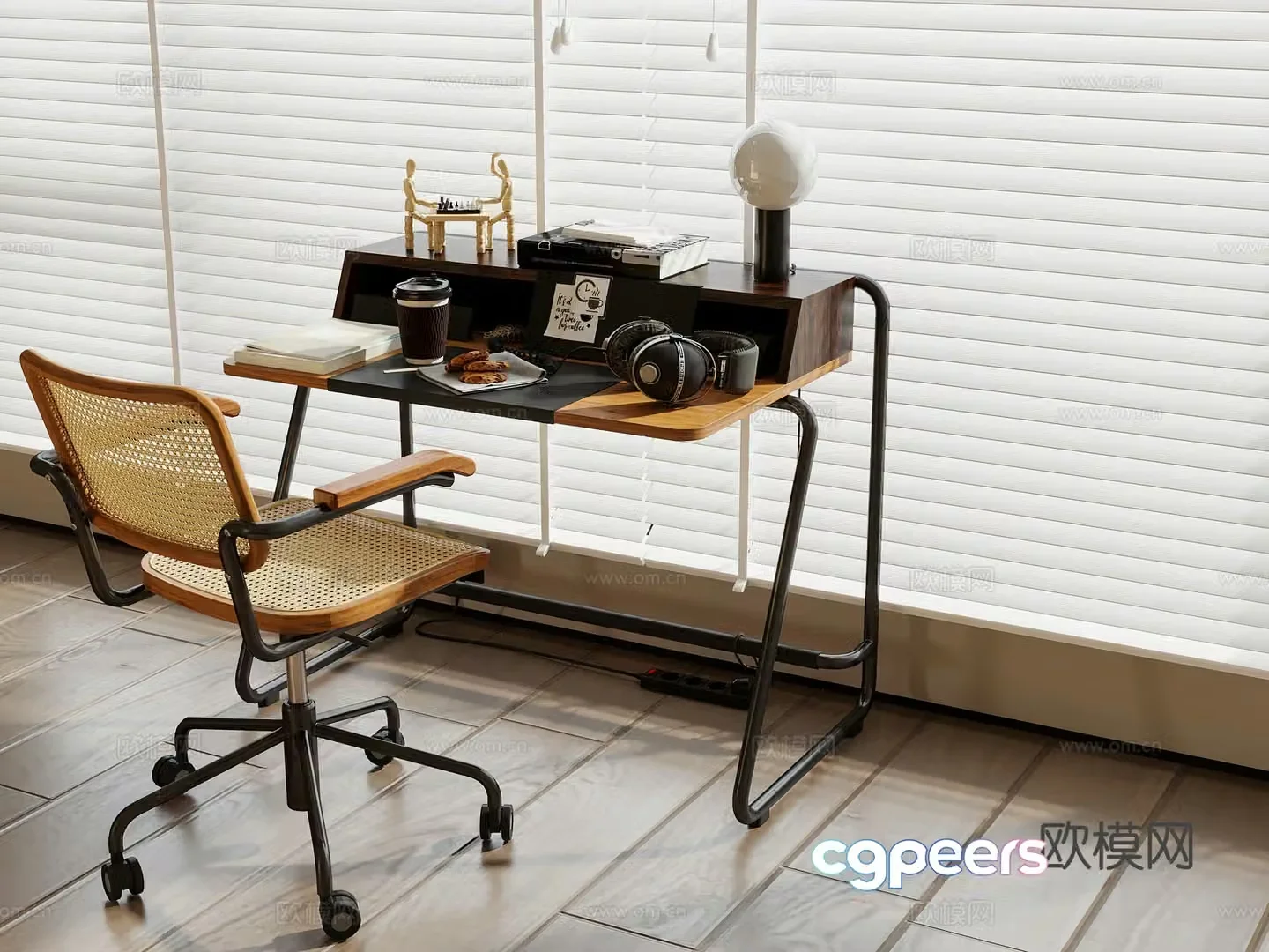 Medieval style desk computer desk rattan book chair 3D model