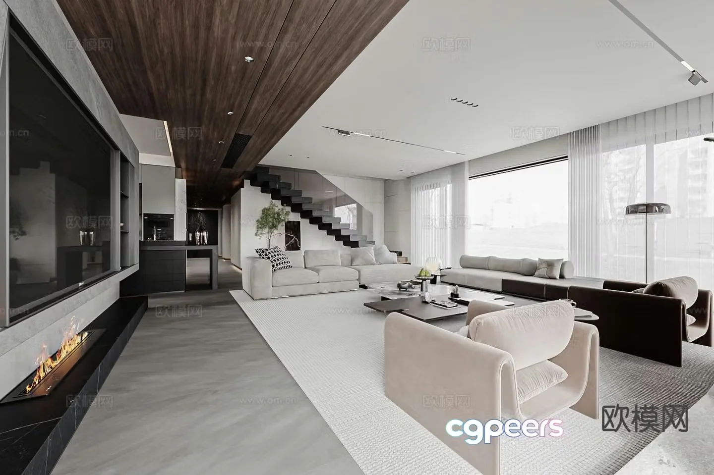 High-end gray living room black and white gray living room horizontal hall 3D model