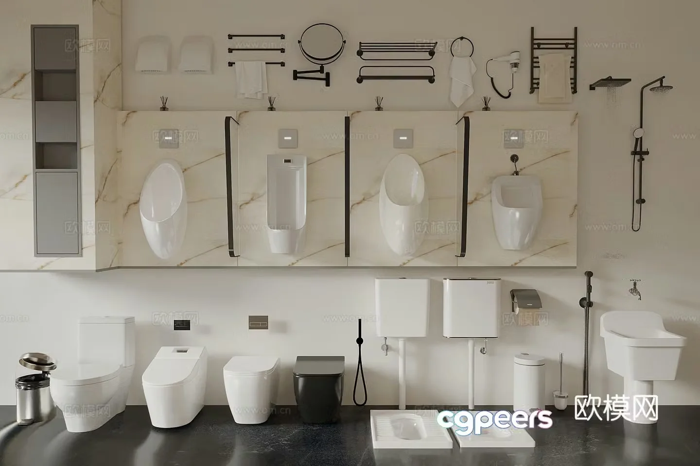 Modern style squat urinal toilet trash can paper roll towel rack bathroom supplies group 3D model