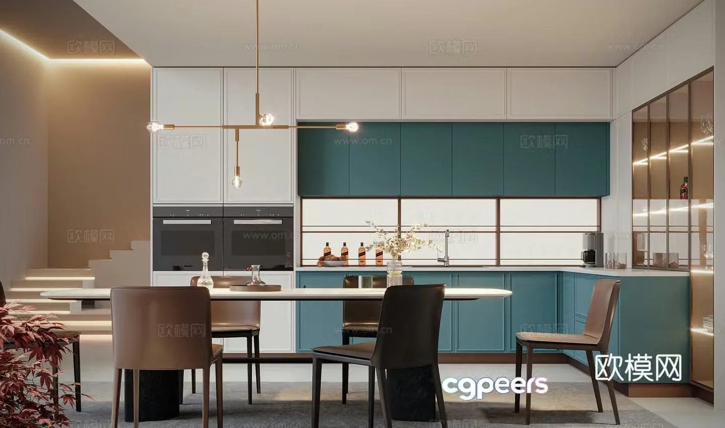 Modern kitchen dining table chair chandeliers 3d model