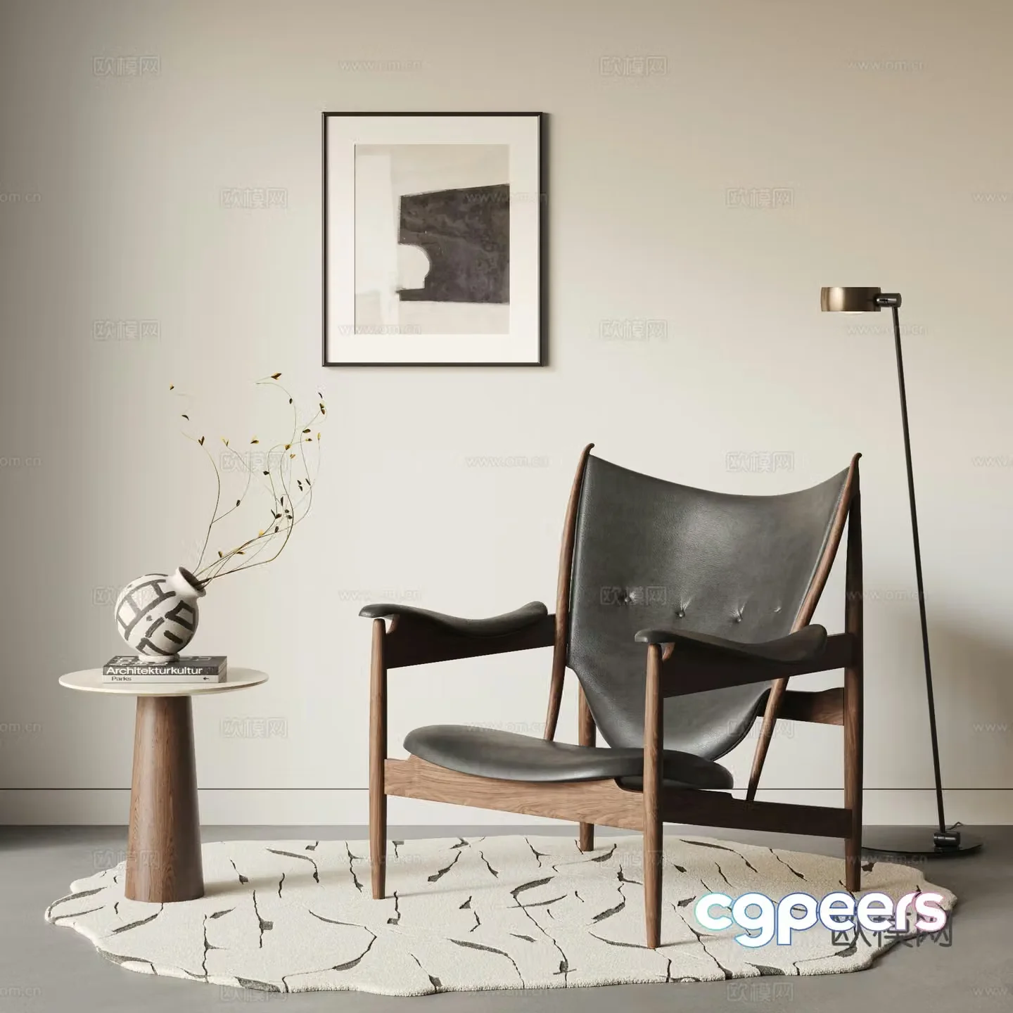 Medium style leisure chair leather leisure chair chieftain wooden leisure chair armchair carpet 3d model