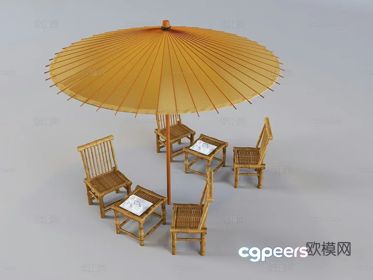 Thatched shed straw woven parasol new Chinese style bamboo woven tables and chairs solid wood bamboo woven tables and chairs 3D model