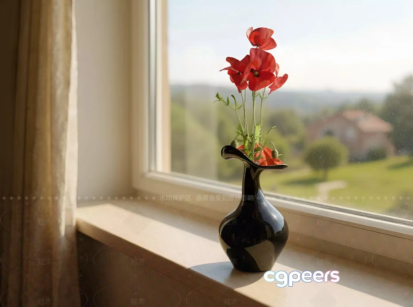 A Black Vase With Red Flowers 3D Model – 760 – VRAY Render