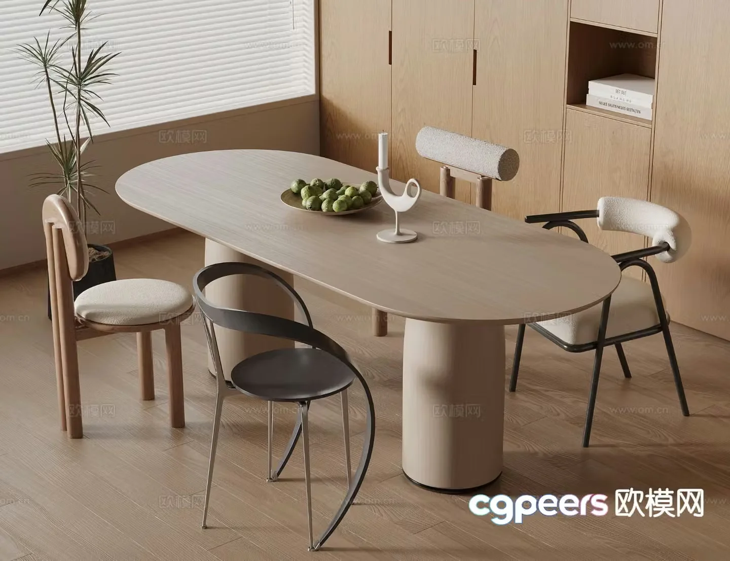 Wabi-sabi style dining table and chairs 3d model
