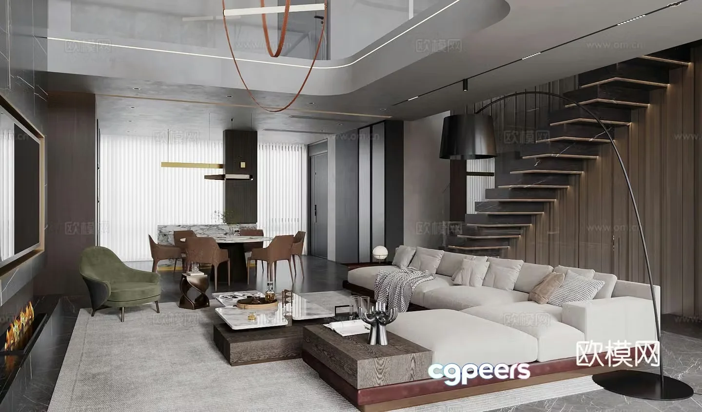 Modern living and dining room sofa coffee table Italian light luxury living and dining room large flat floor living and dining room horizontal living room 3D model