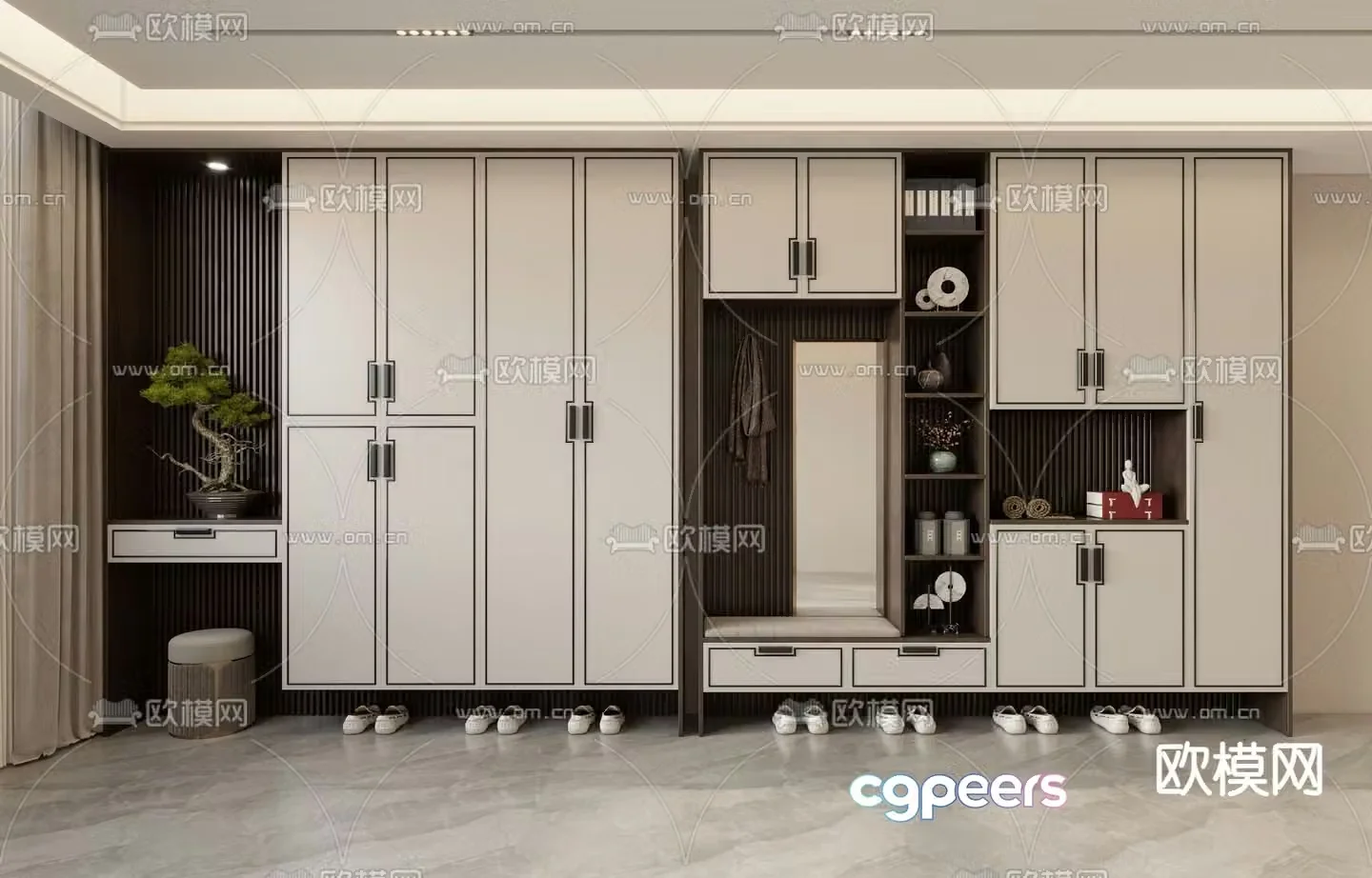 New Chinese style shoe cabinet 3D model of the entrance shoe cabinet