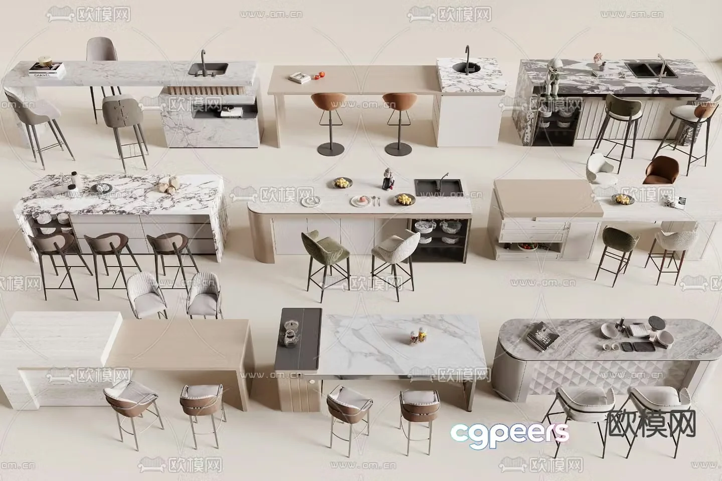 Bar counter island table island table dining table and chairs 3D model