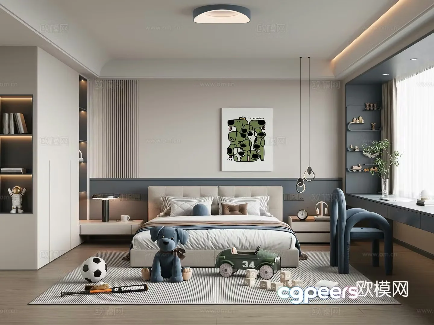 Modern boy children’s room children’s bed children’s wardrobe desk chairs painting ceiling lamp 3d model