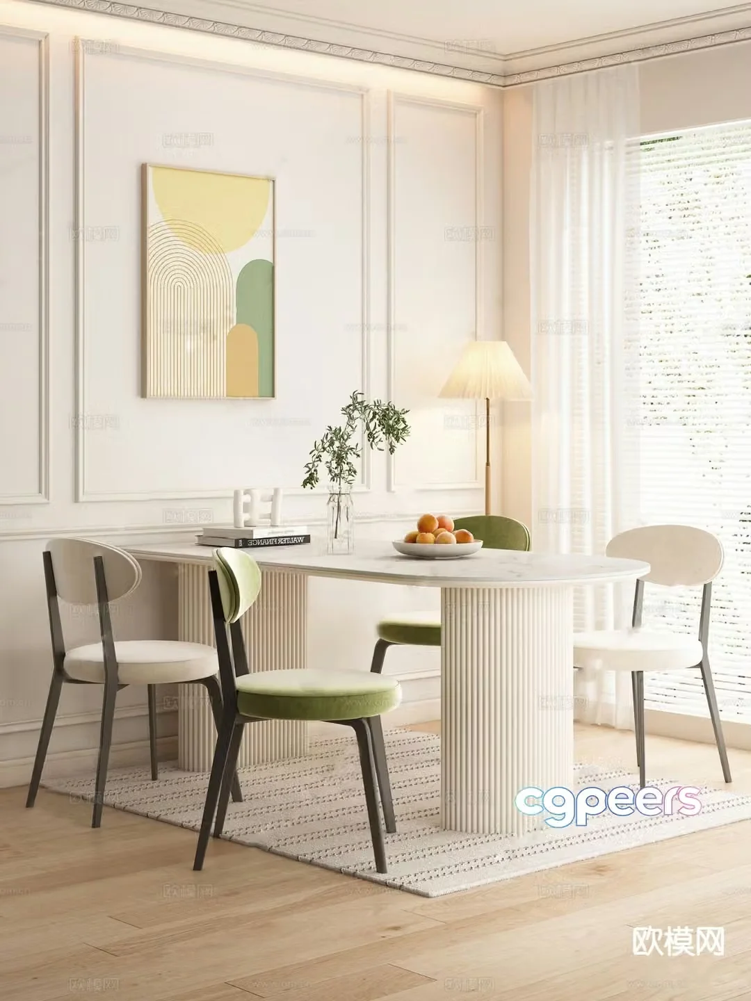 Cream style dining table and chairs 3d model