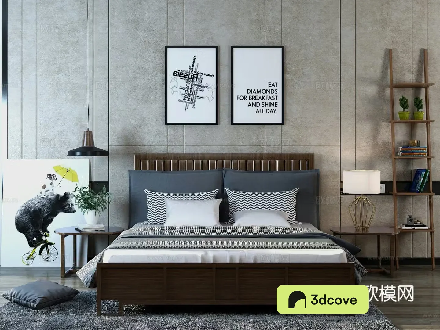 Nordic bed bookshelf bedroom painting desk lamp carpet