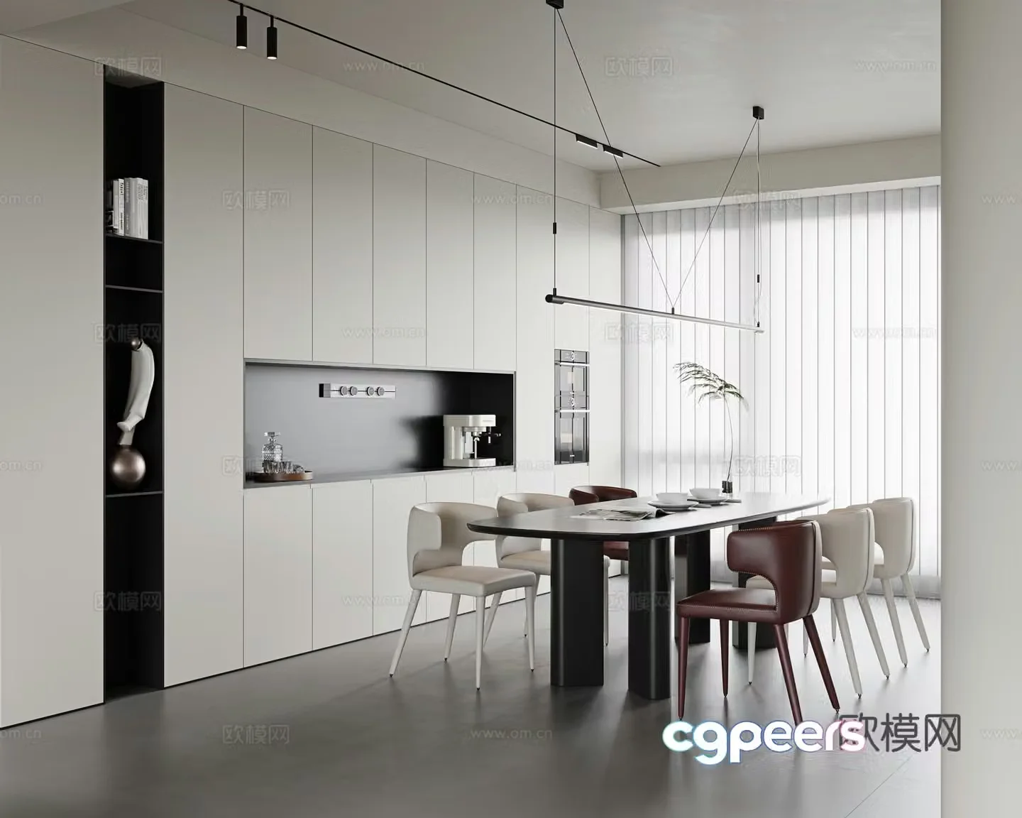 Italian minimalist restaurant owner-light restaurant minimalist dining table single chair leather dining chair sideboard 3D model