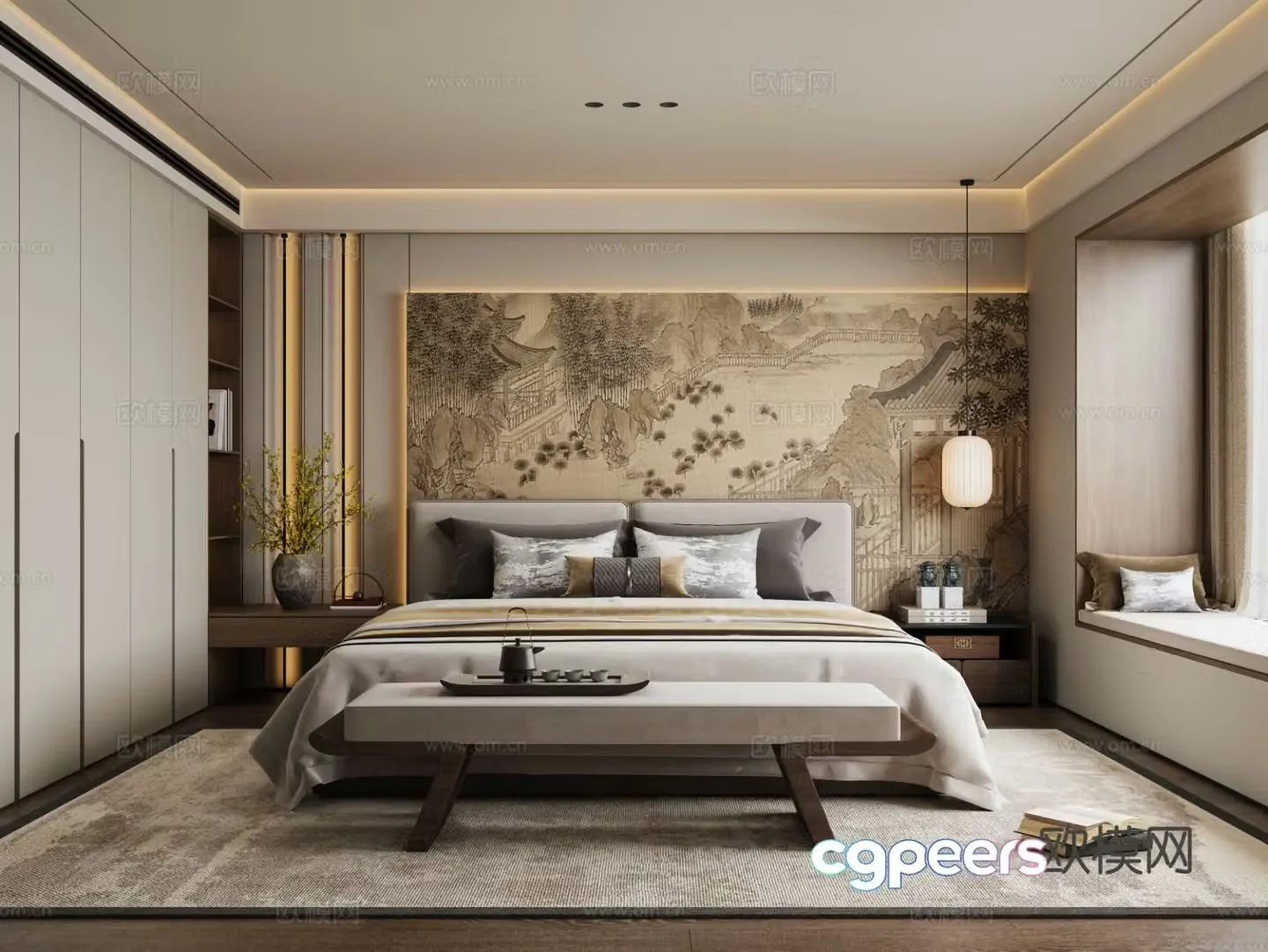 New Chinese style bedroom Zen master bedroom 3D model