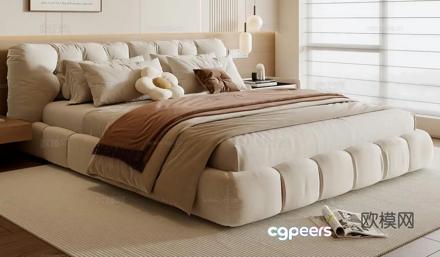Creamy Double Bed 3D Model