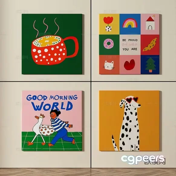 Four Colorful Paintings Of Various Subjects 3D Model – 4048 – VRAY Render