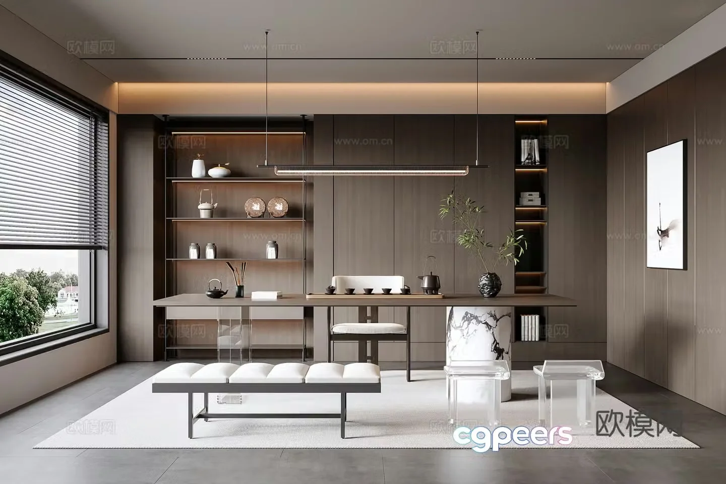 Modern Italian home tea room tea table and chair painting tea room cabinet tea set chandeliers 3D model