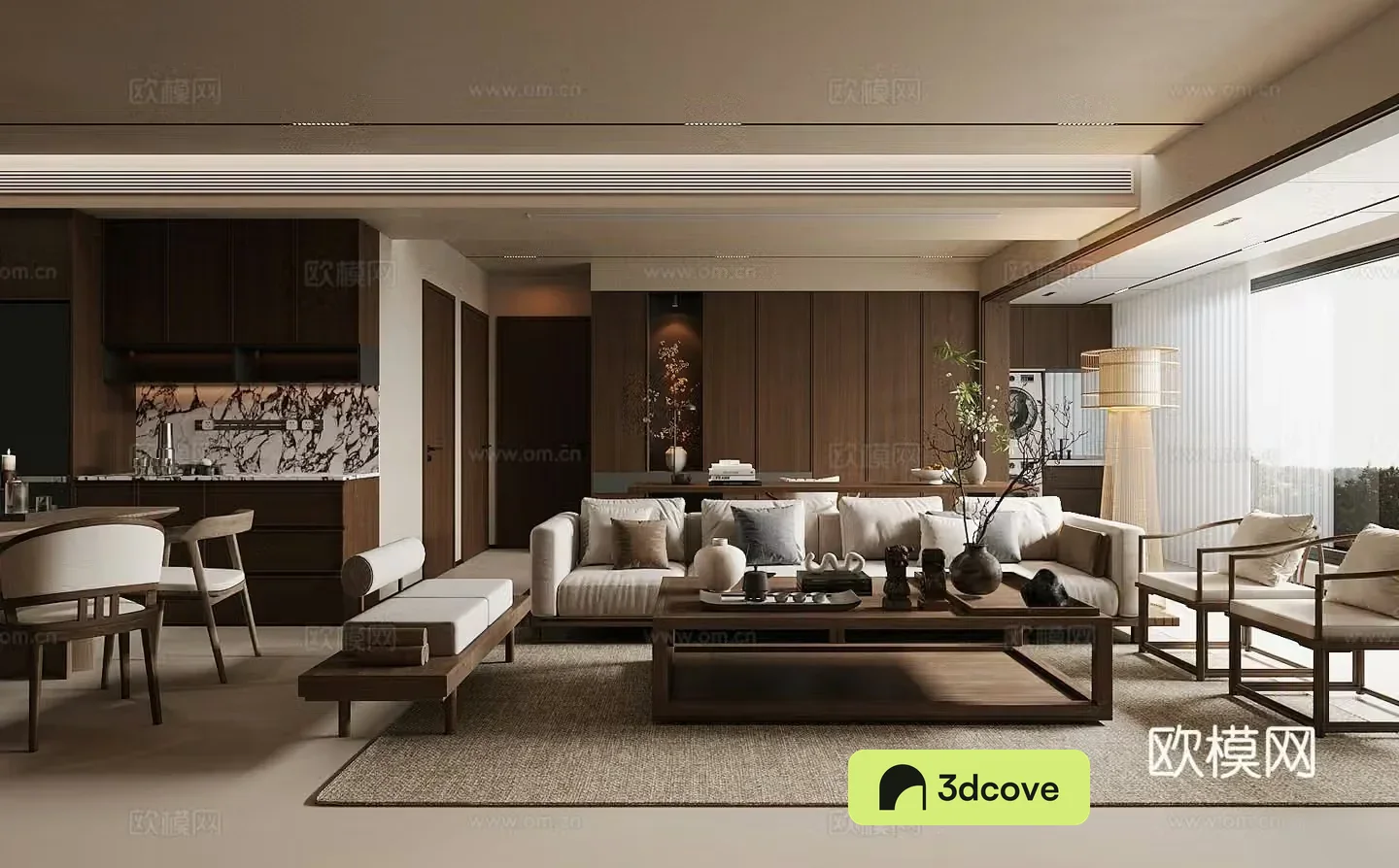 New Chinese-style home living room integrated living room and dining design horizontal living room design large flat floor design