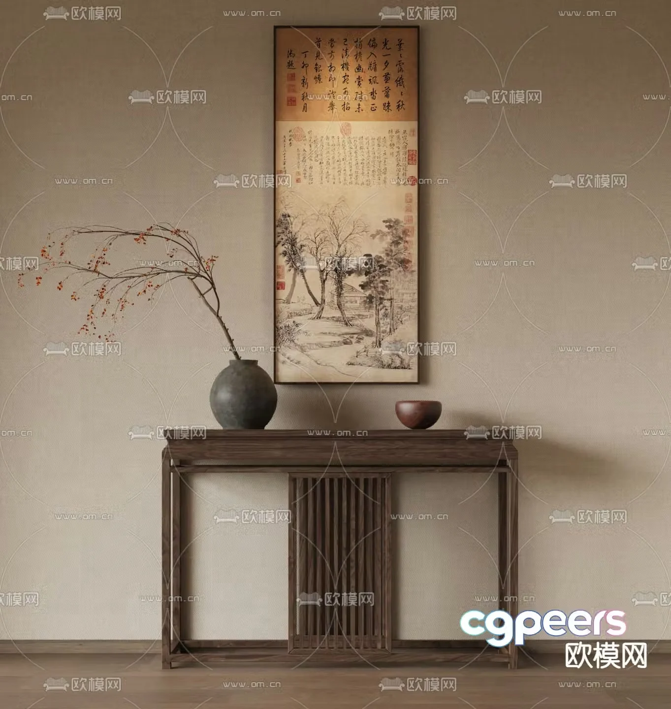 New Chinese style Duanjing strip case wooden strip 3D model