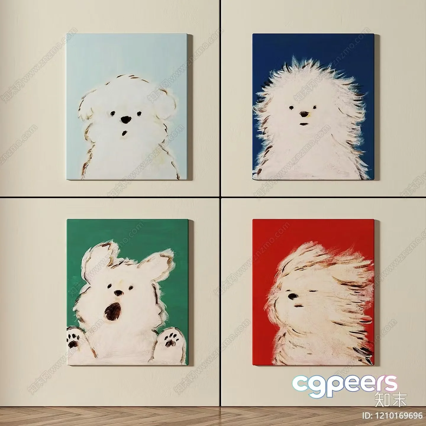 Four Paintings Of Dogs On A Wall 3D Model – 4991 – VRAY Render