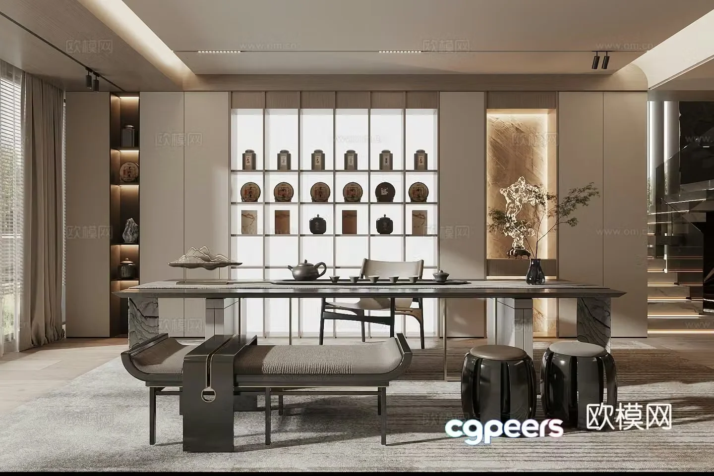 New Chinese style Zen tea room tea tasting area tea table and chair combination living room tea room luminous tea cabinet 3D model
