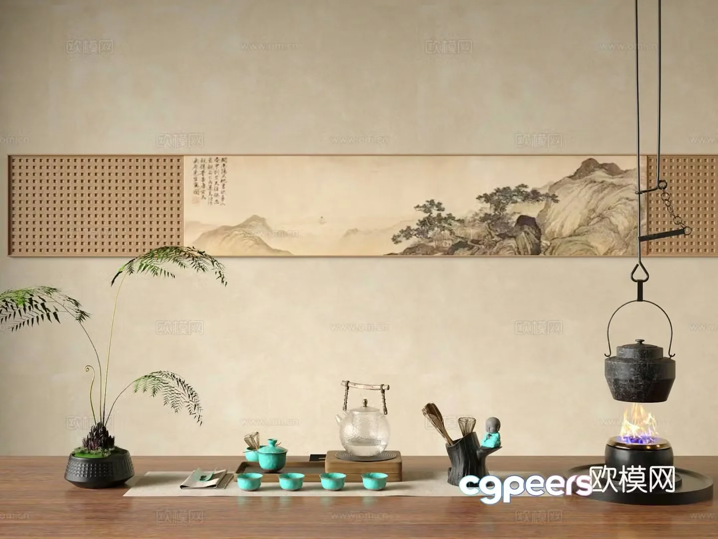 New Chinese style tea set tea cup teapot iron tea boiling stove vase fern bonsai 3D model