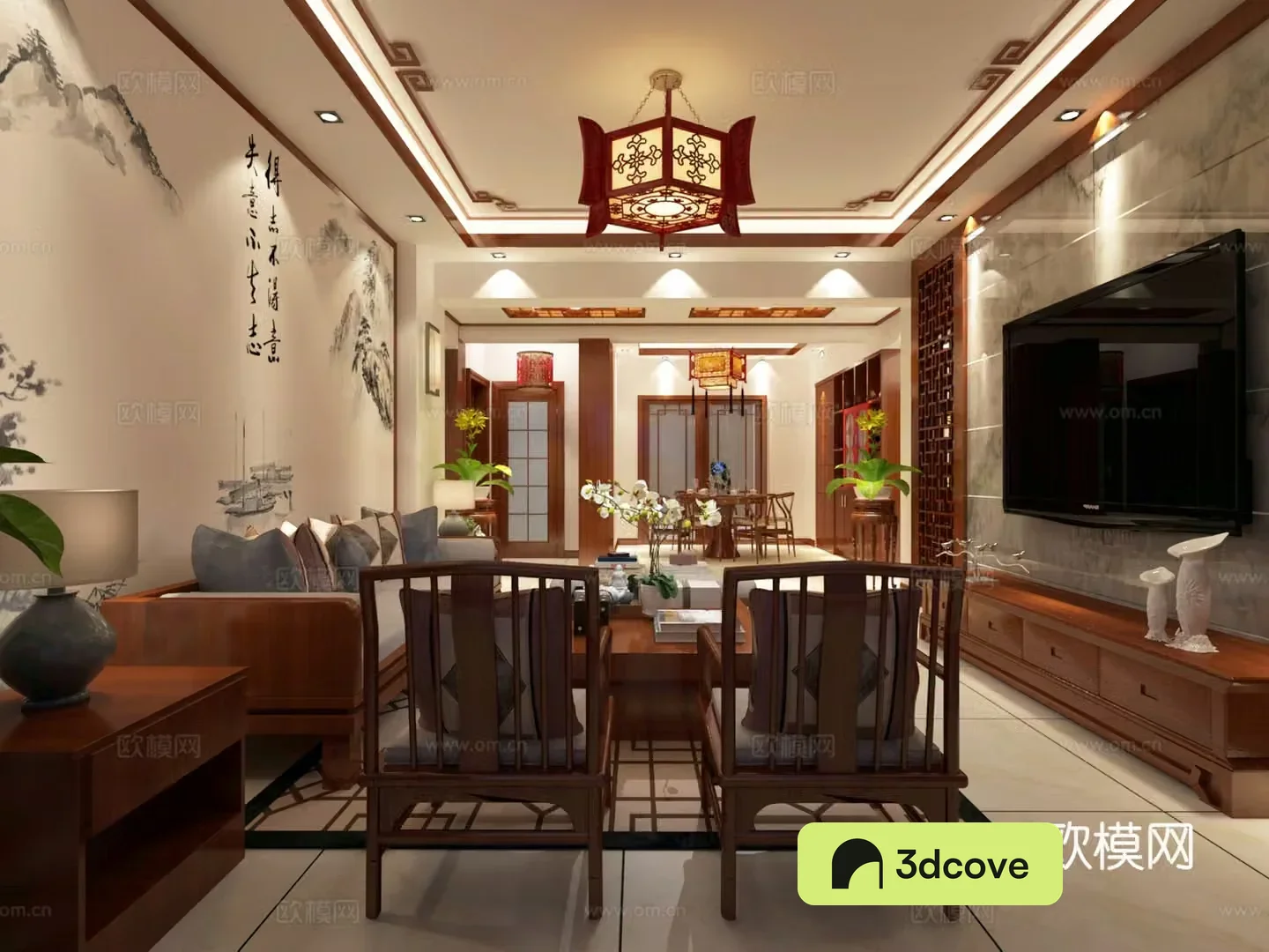 Zen Chinese style living and dining room sofa coffee table dining table chair hanging painting objects ornaments chandeliers
