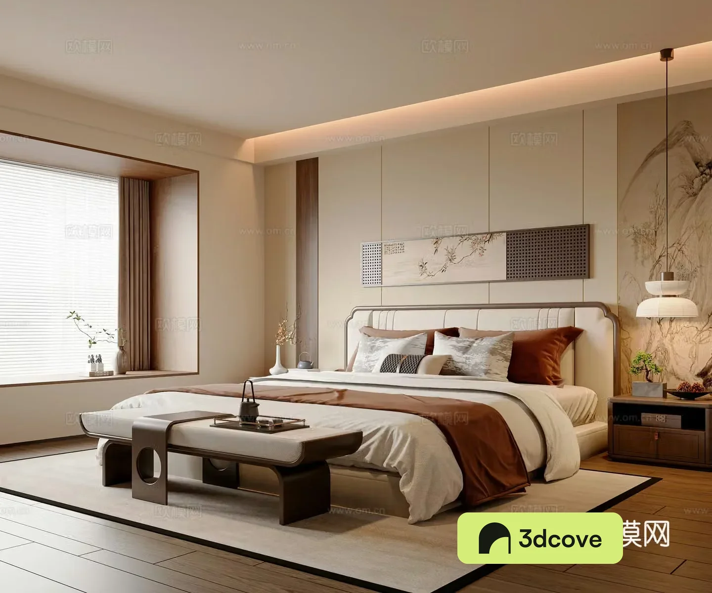 New Chinese style bedroom Master bedroom New Chinese style double bed New Chinese style bedside table New Chinese style bedside stool