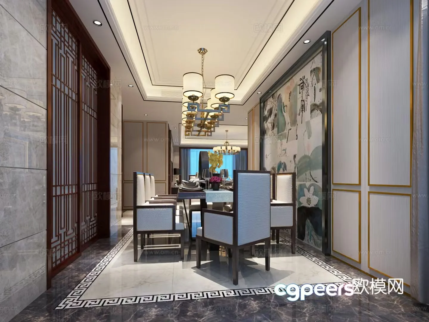 New Chinese style living and dining room chandeliers table lamp multi-person sofa single sofa coffee table decorative 3D model