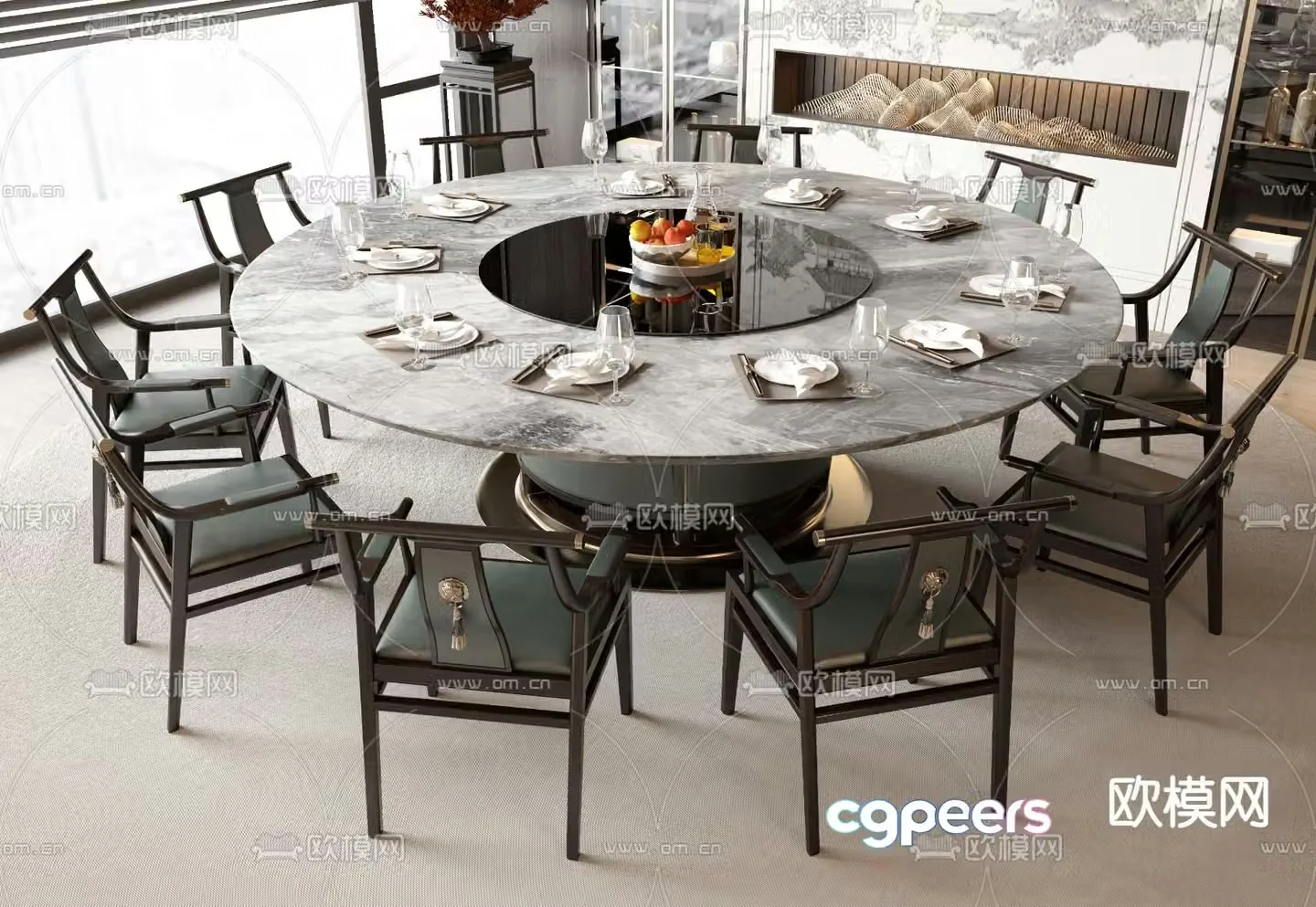 New Chinese style dining table and chairs round dining table 3d model