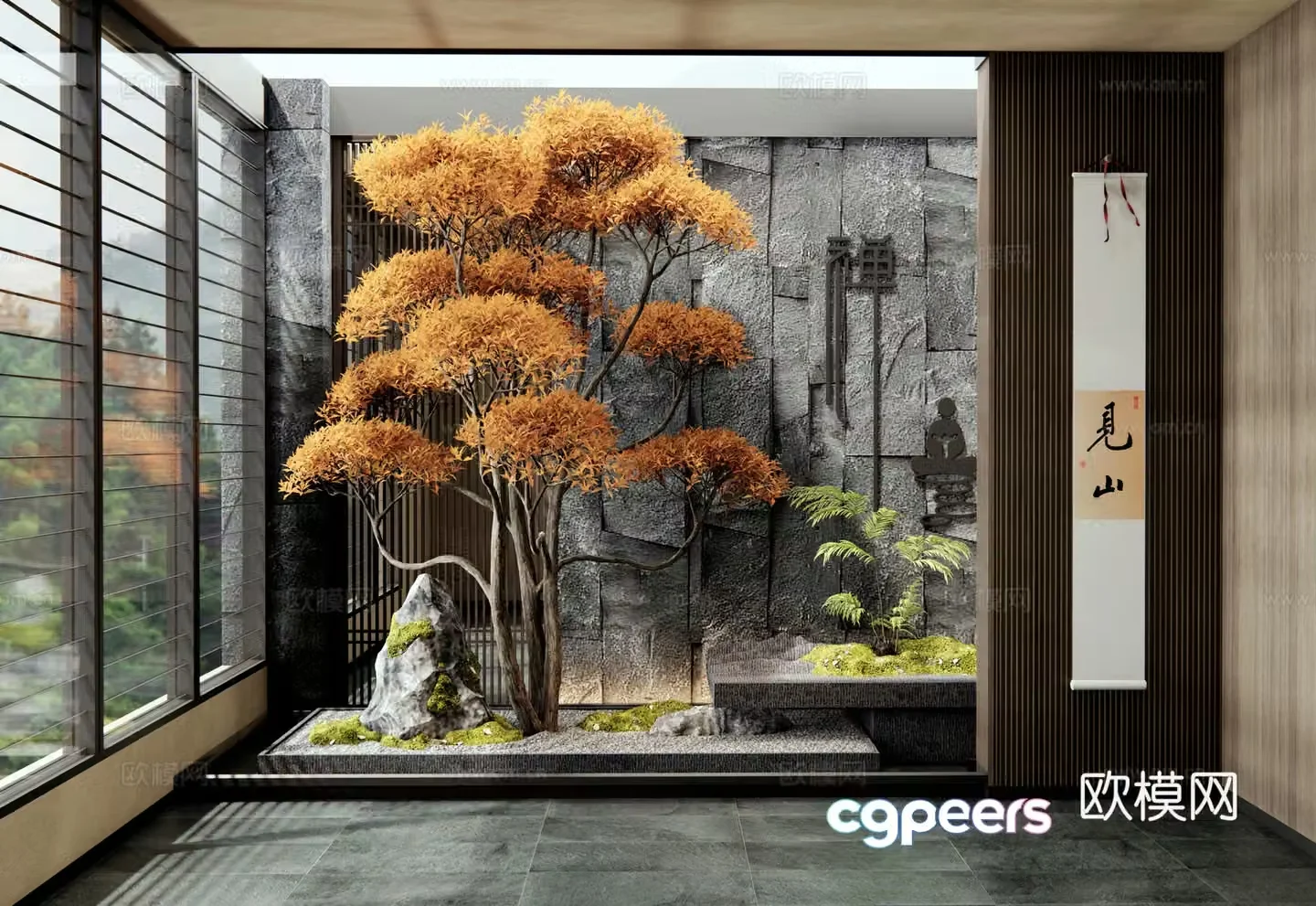 New Chinese style interior landscape plant landscaping patio landscape moss stones landscape tree 3D model