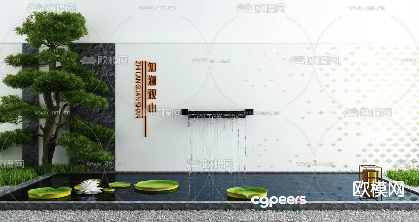 Landscape sketch flowing water feature wall lotus pond 3D model