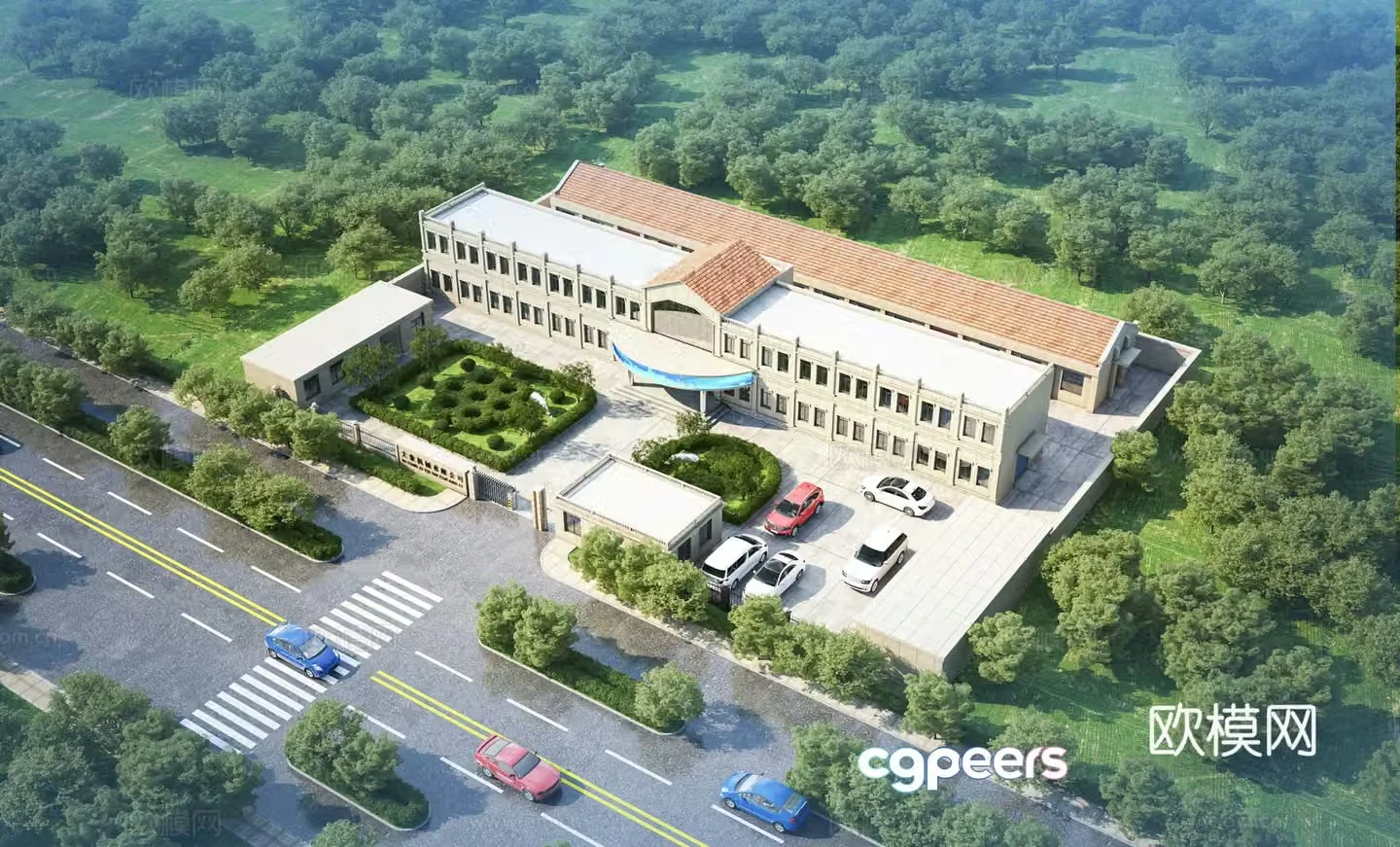 Aerial view 3D model of Jianou office building