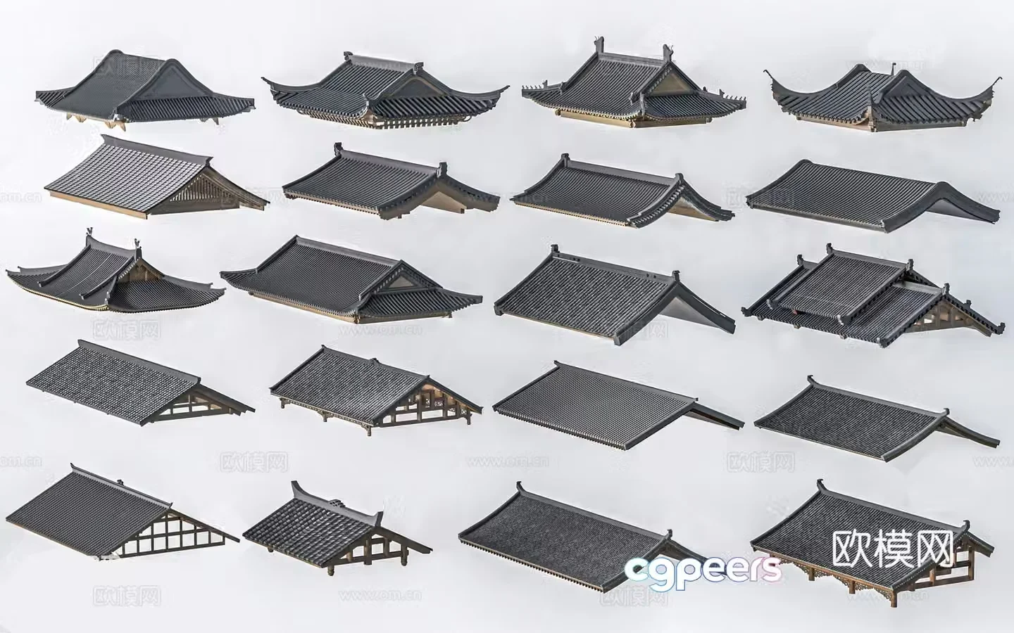 Chinese style ancient building roof eaves cornices tile roof 3d model