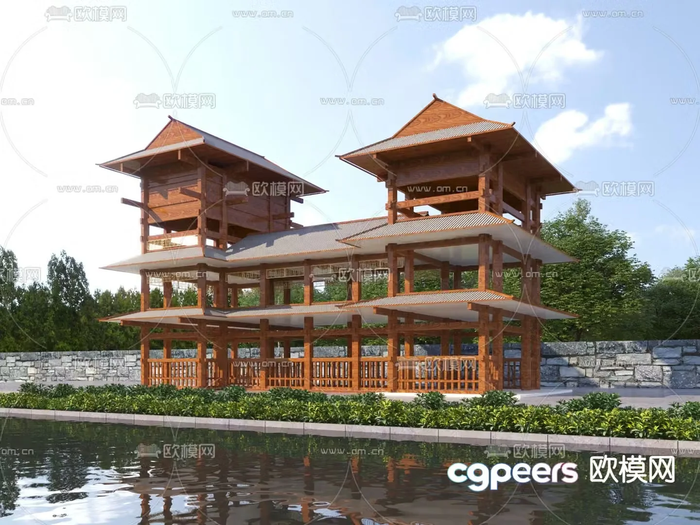 Chinese style gallery pavilion ancient building gallery 3D model