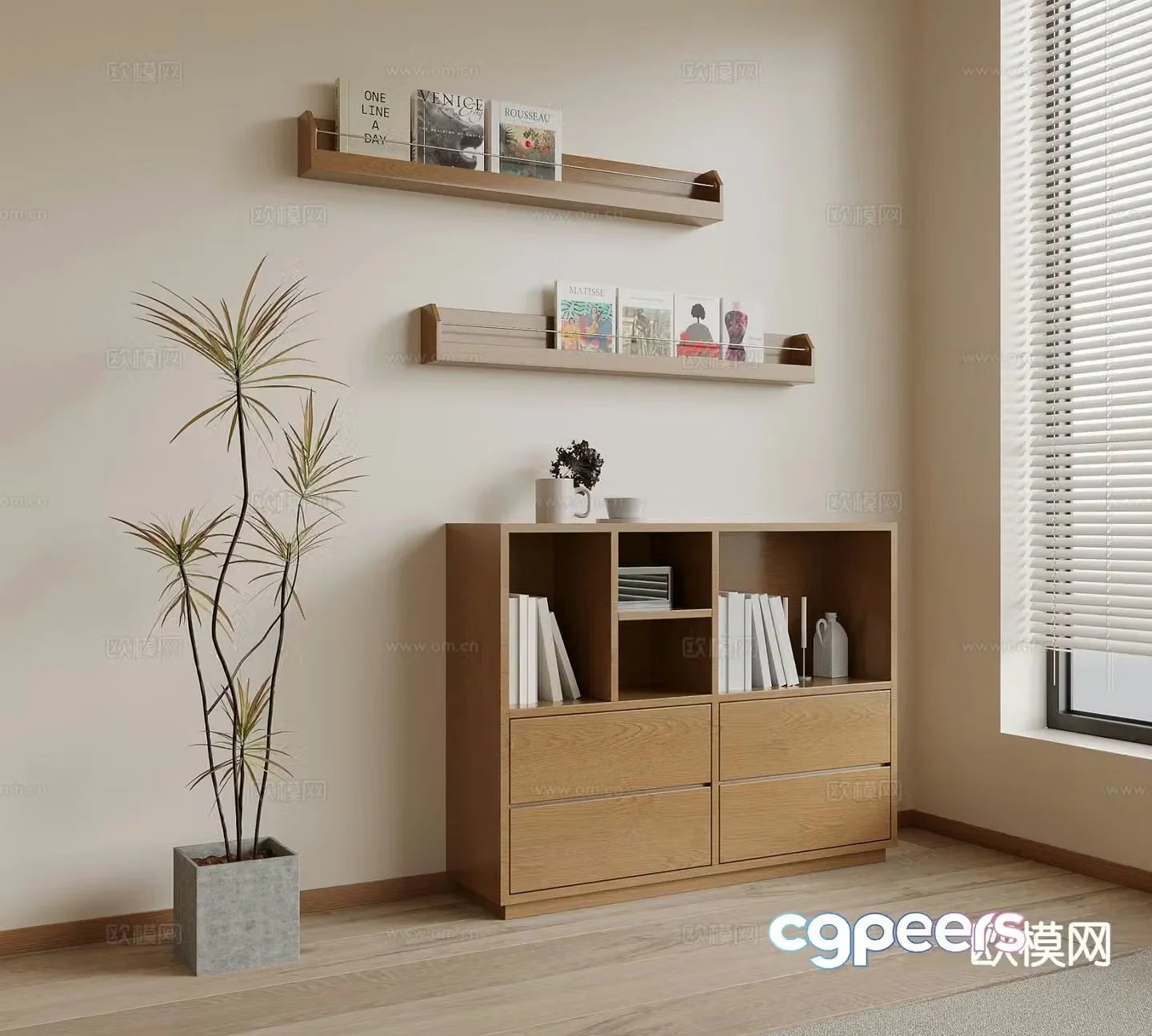 Wabi-sabi style bookshelf low cabinet 3D model