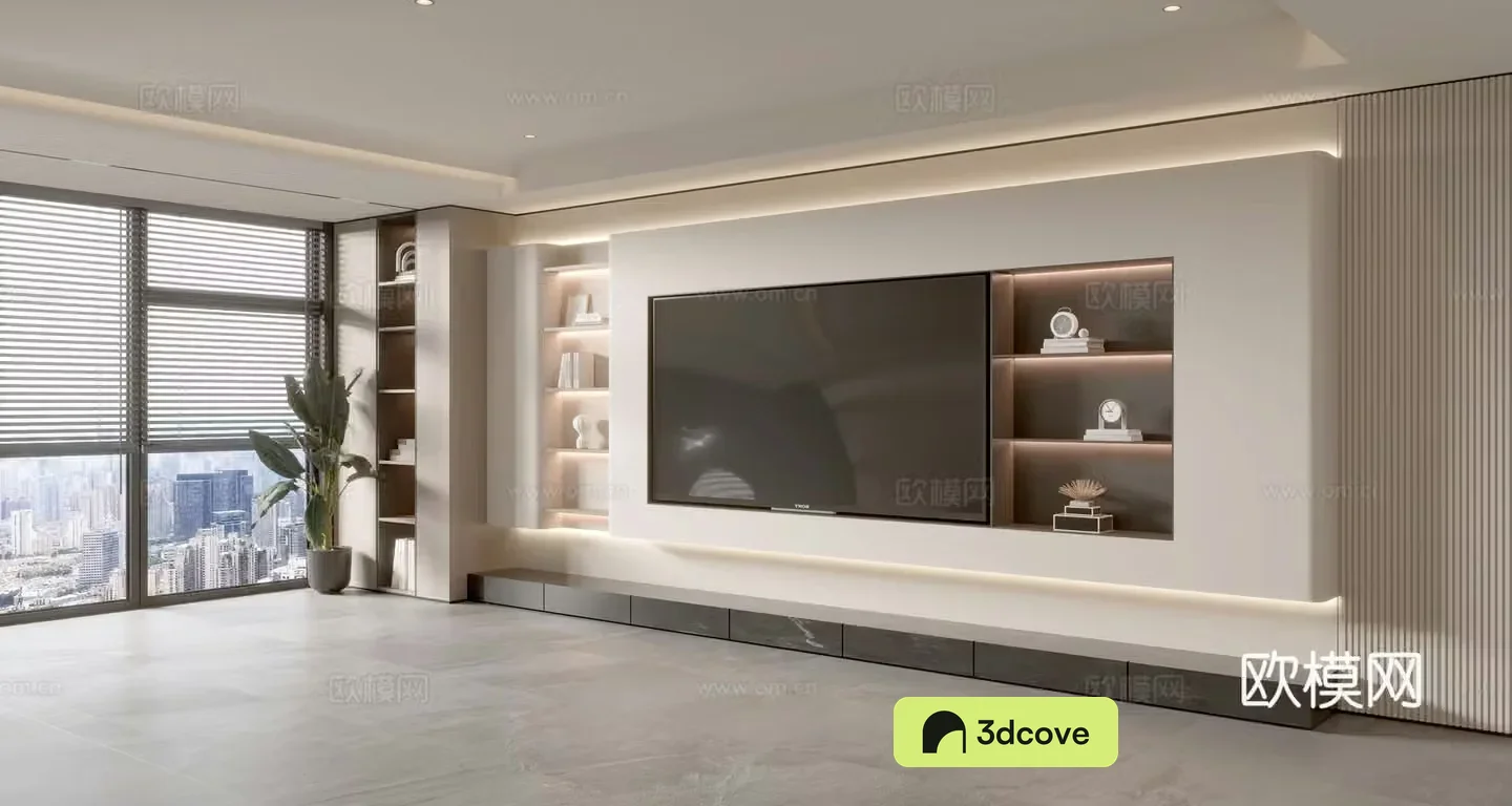 Modern creamy living room light luxury TV background wall creamy TV background wall full wall TV cabinet