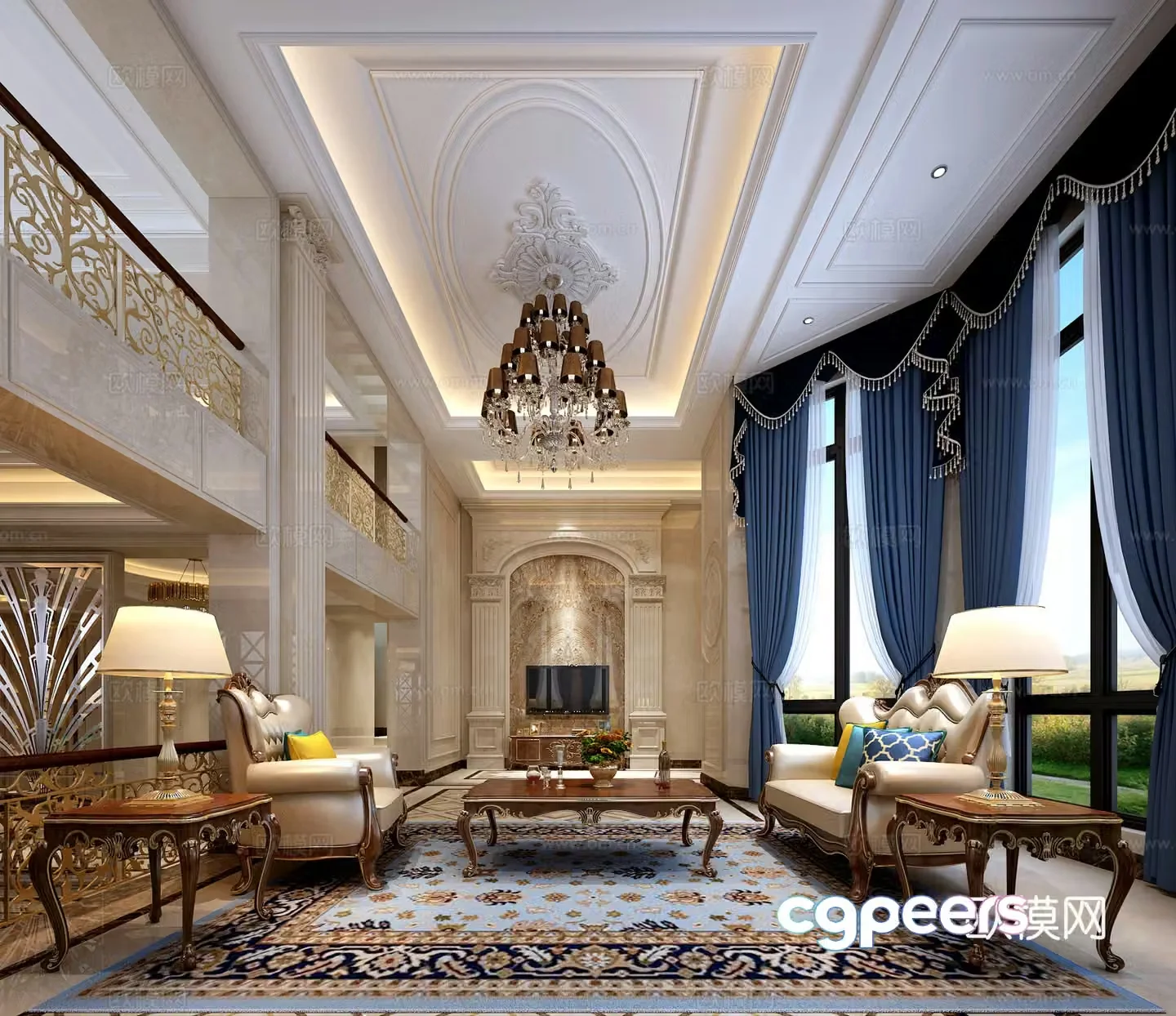 European classical living room sofa curtains TV cabinet chandeliers carpet 3d model