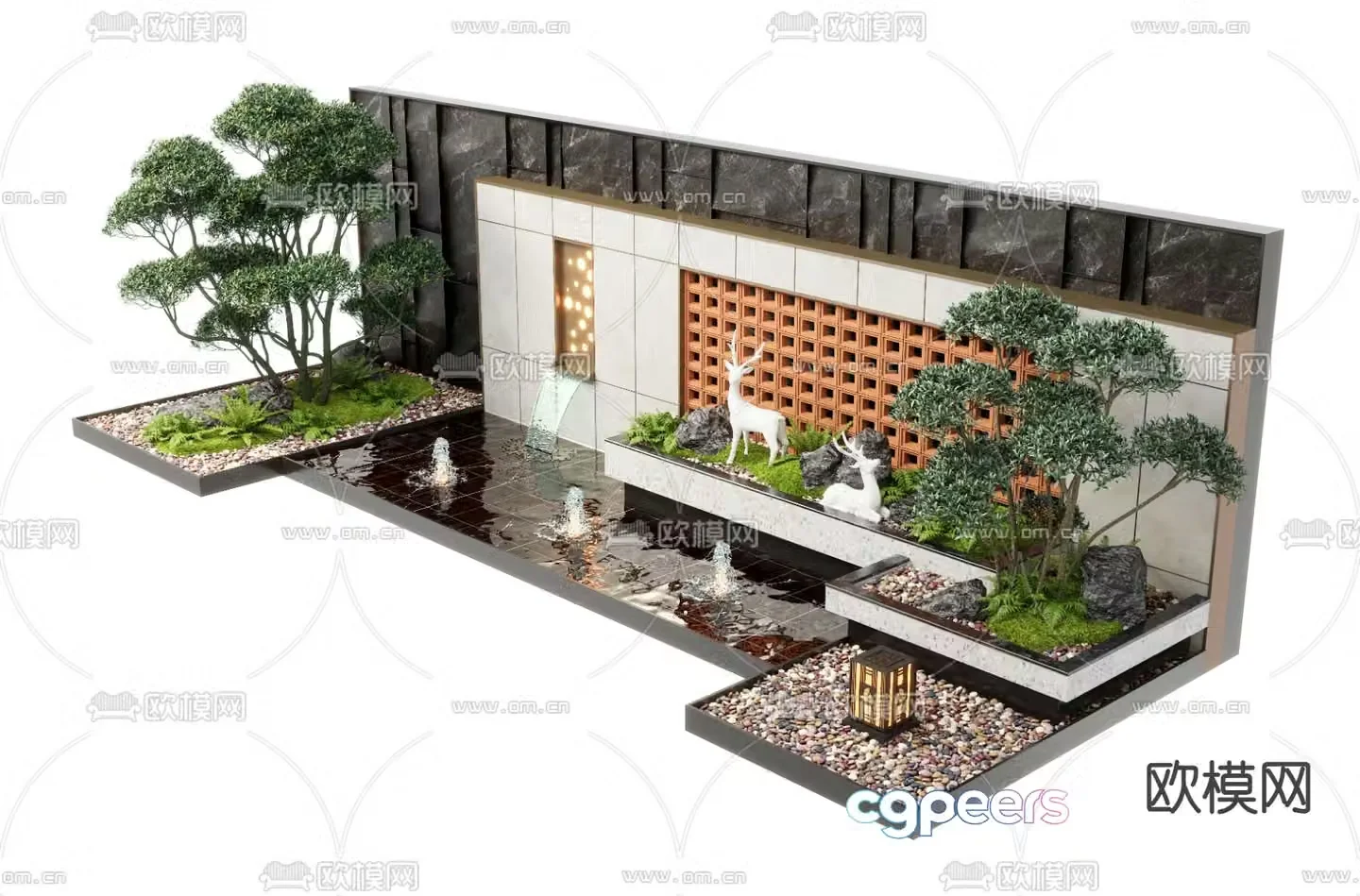 New Chinese style water feature wall fountain falling water sketch 3D model