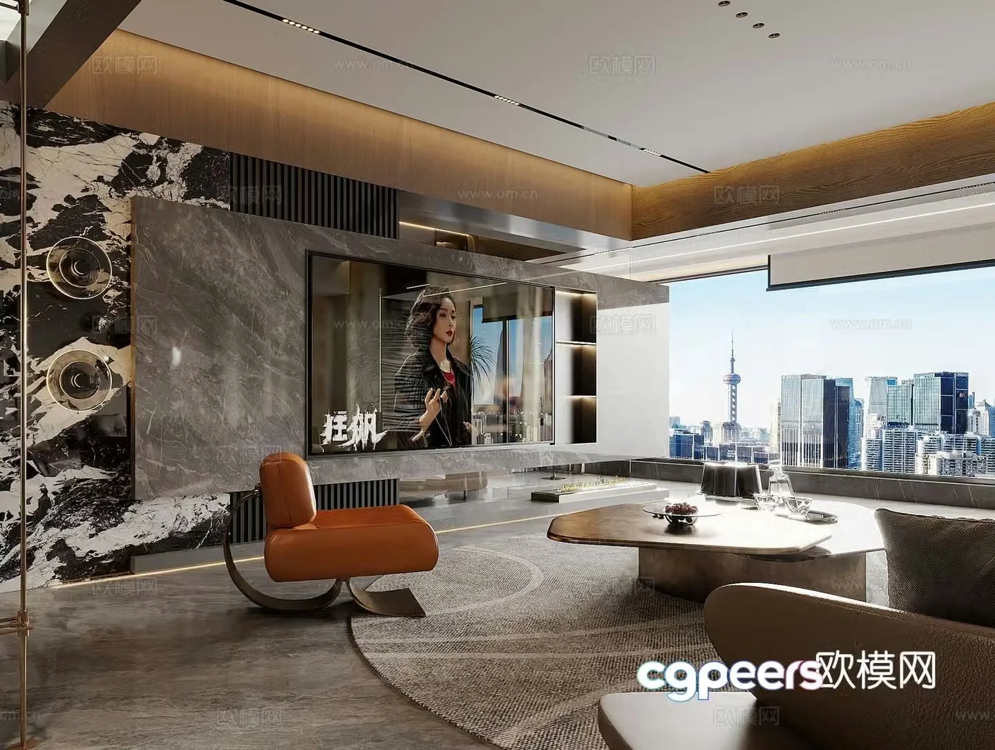 Italian light luxury TV background wall Italian living room Italian sofa coffee table combination ownerless light ceiling 3D model