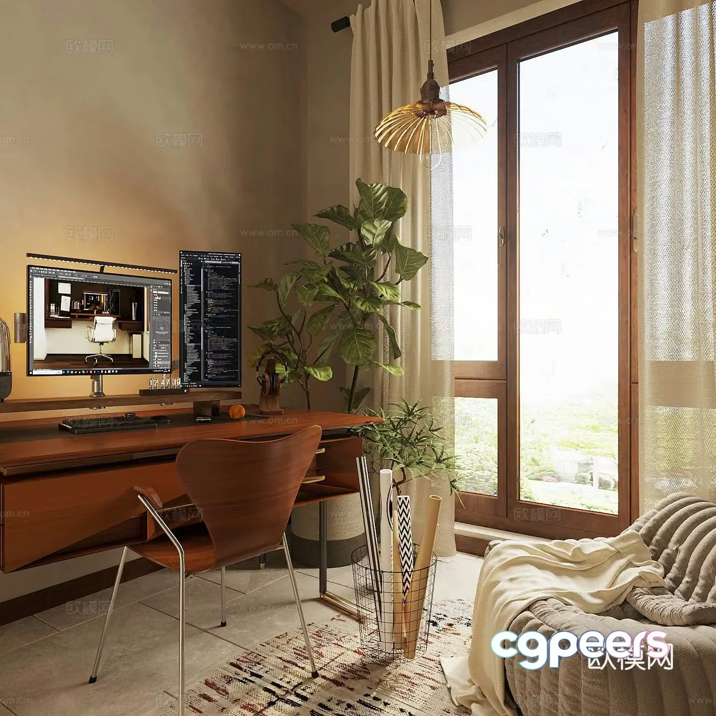 Middle-aged study retro study middle-aged study desk chair desktop computer desk ornament combination 3D model