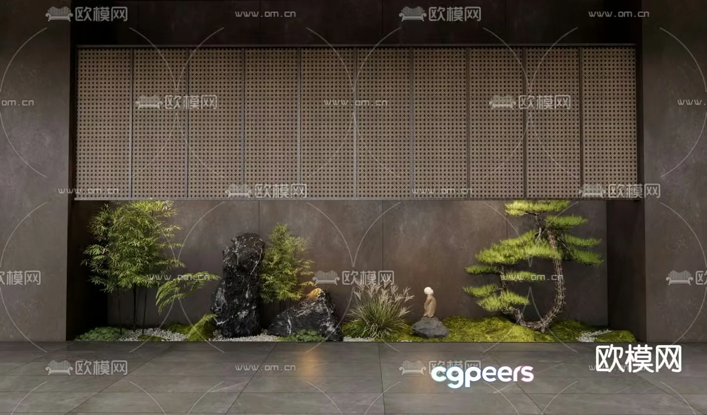 Japanese dry landscape garden sketch pine tree landscaping 3D model
