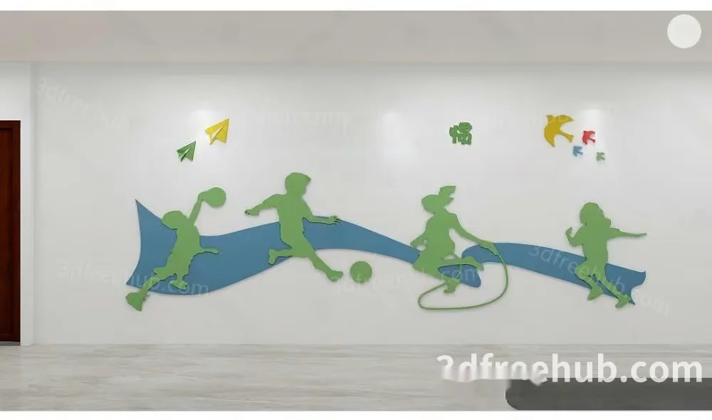 A 3D Rendering Of A Wall With A Mural Of Children Playing Sports 3D Model – 20574 – VRAY Render