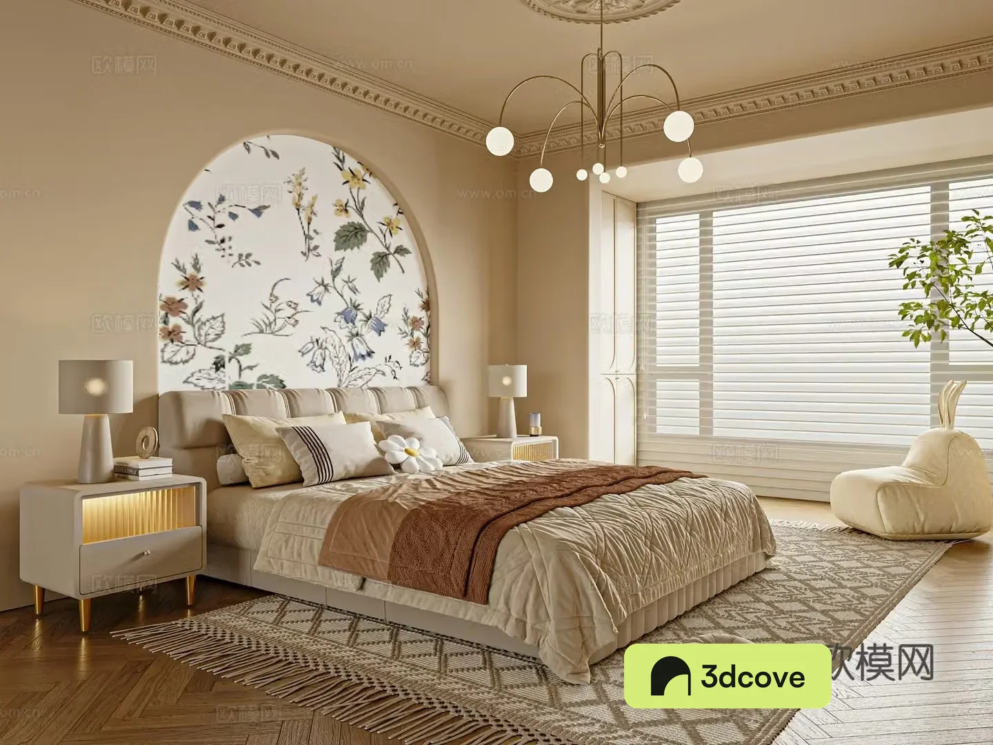 French cream style home bedroom double bed nightstand