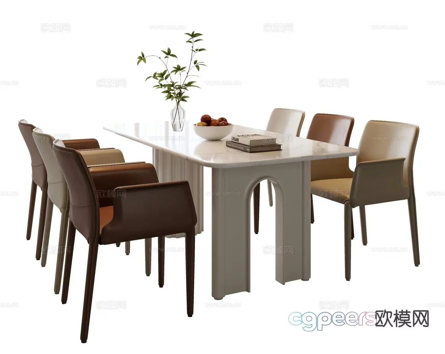 Modern long dining table and chairs 3d model