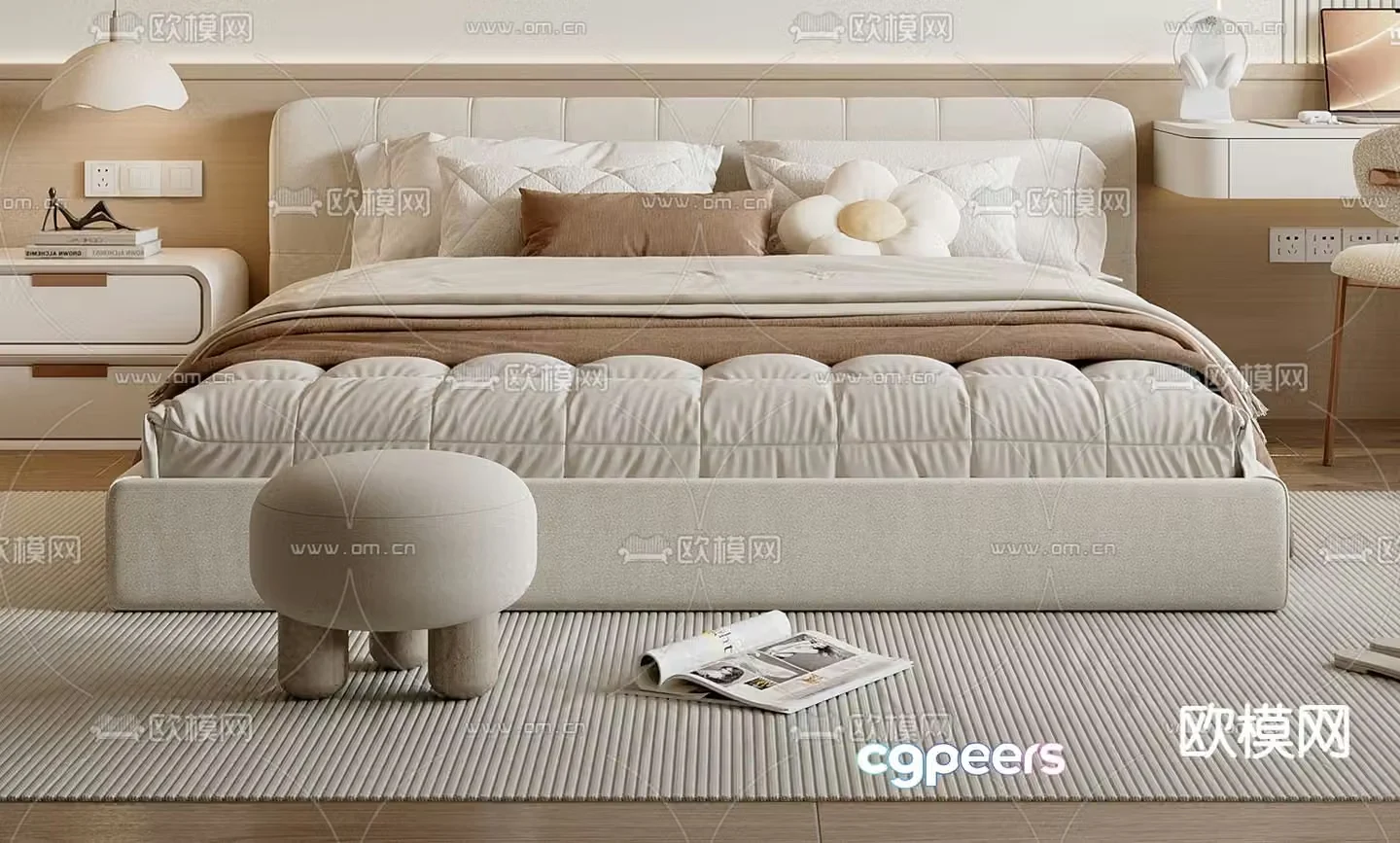 Cream style double bed 3d model