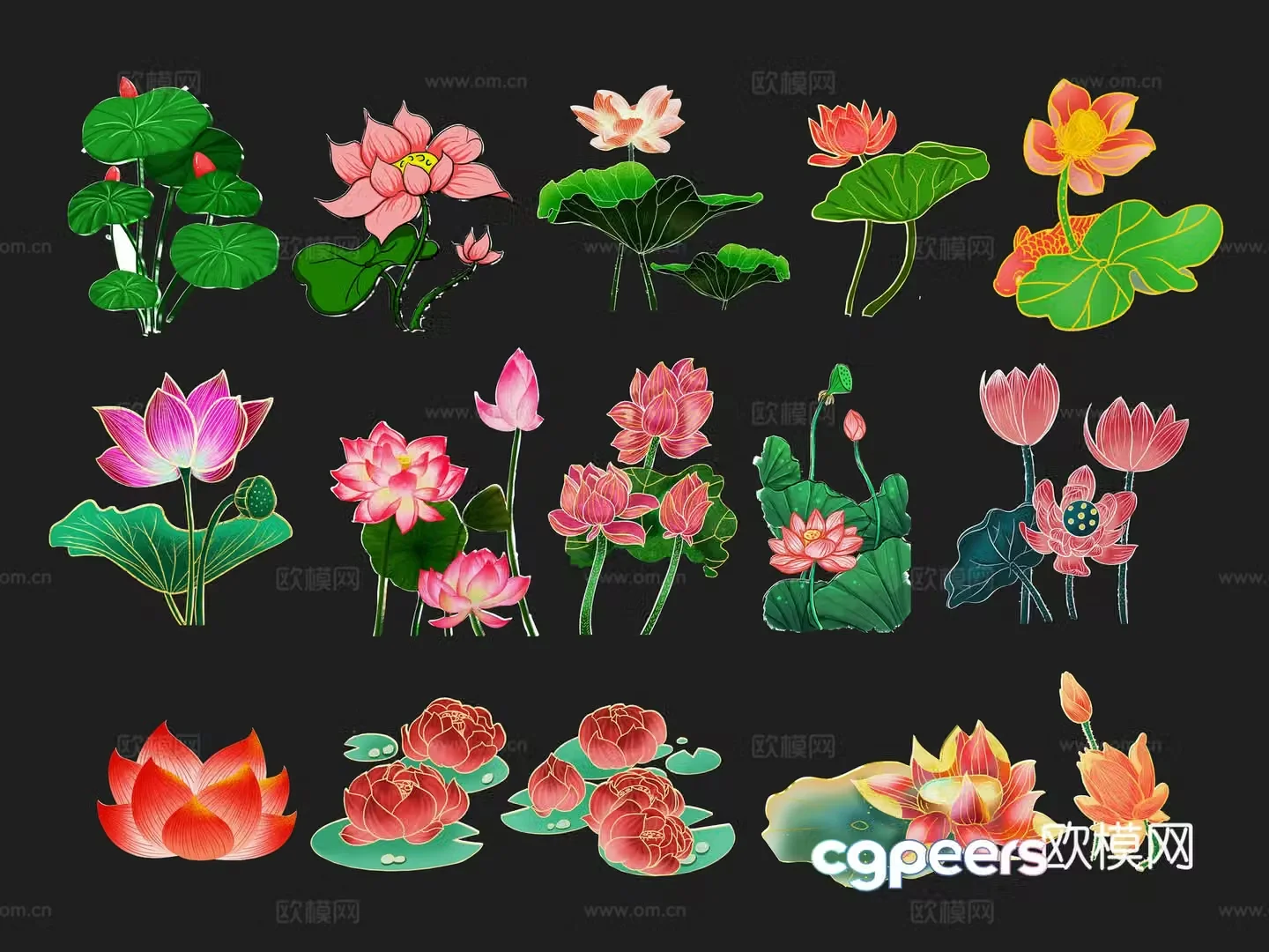 National tide carving plant silhouette lotus lotus leaves flowers national style carp fish 3d model