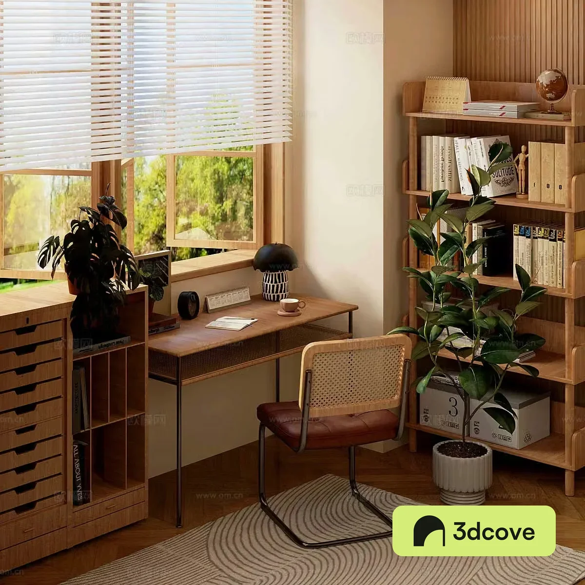 Middle-aged study retro study medieval style desk and chair bookcase desk ornament combination 3D model